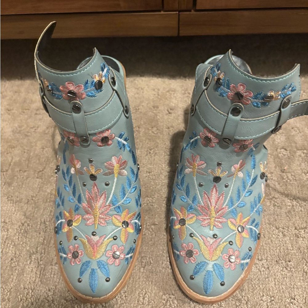 Blue Embroidered Western Ankle Boots